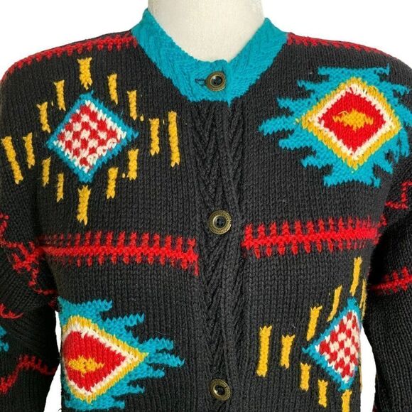Vintage 80s Heavy Knit Cardigan Sweater S Black Southwestern Aztec Bold Color - Picture 2 of 6
